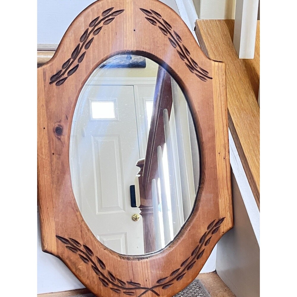 Vintage Hand Carved Pine Oval Leaf Motifs Wooden Wall Mirror Cottage Farmhouse